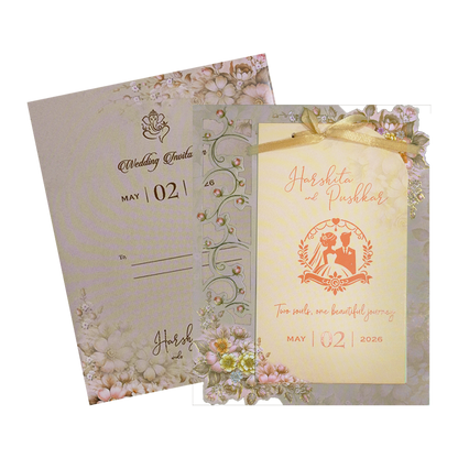 Grey Floral Bow Laser Cut Wedding Card-KSH72890
