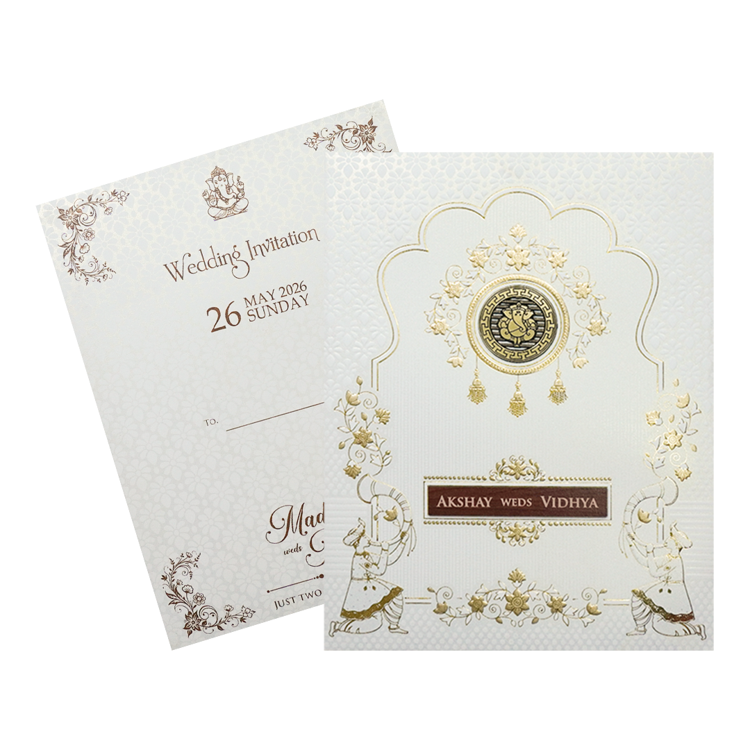 White Ganesha Gold Floral Wedding Card-KSH73620