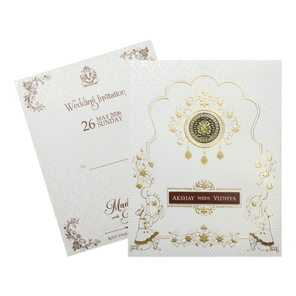 White Ganesha Gold Floral Wedding Card-KSH73620