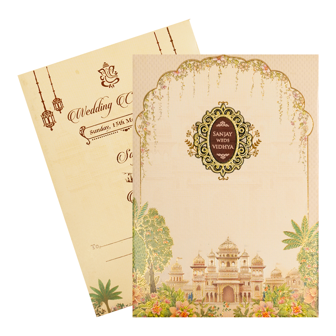 Cream Palace Floral Padded Wedding Card-KSH73080