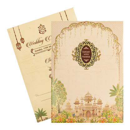 Cream Palace Floral Padded Wedding Card-KSH73080