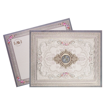 Grey Baroque Floral Padded Wedding Card-ksi63970