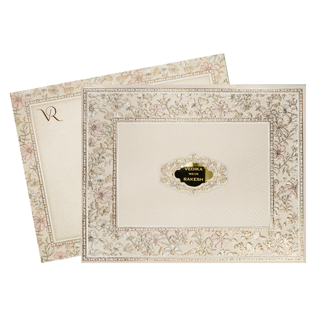 Grey Pastel Floral Border Padded Wedding Card-KSI64160