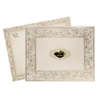 Grey Pastel Floral Border Padded Wedding Card-KSI64160