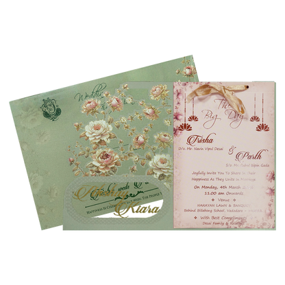 Green Floral Cutwork Wedding Card-KSH72880