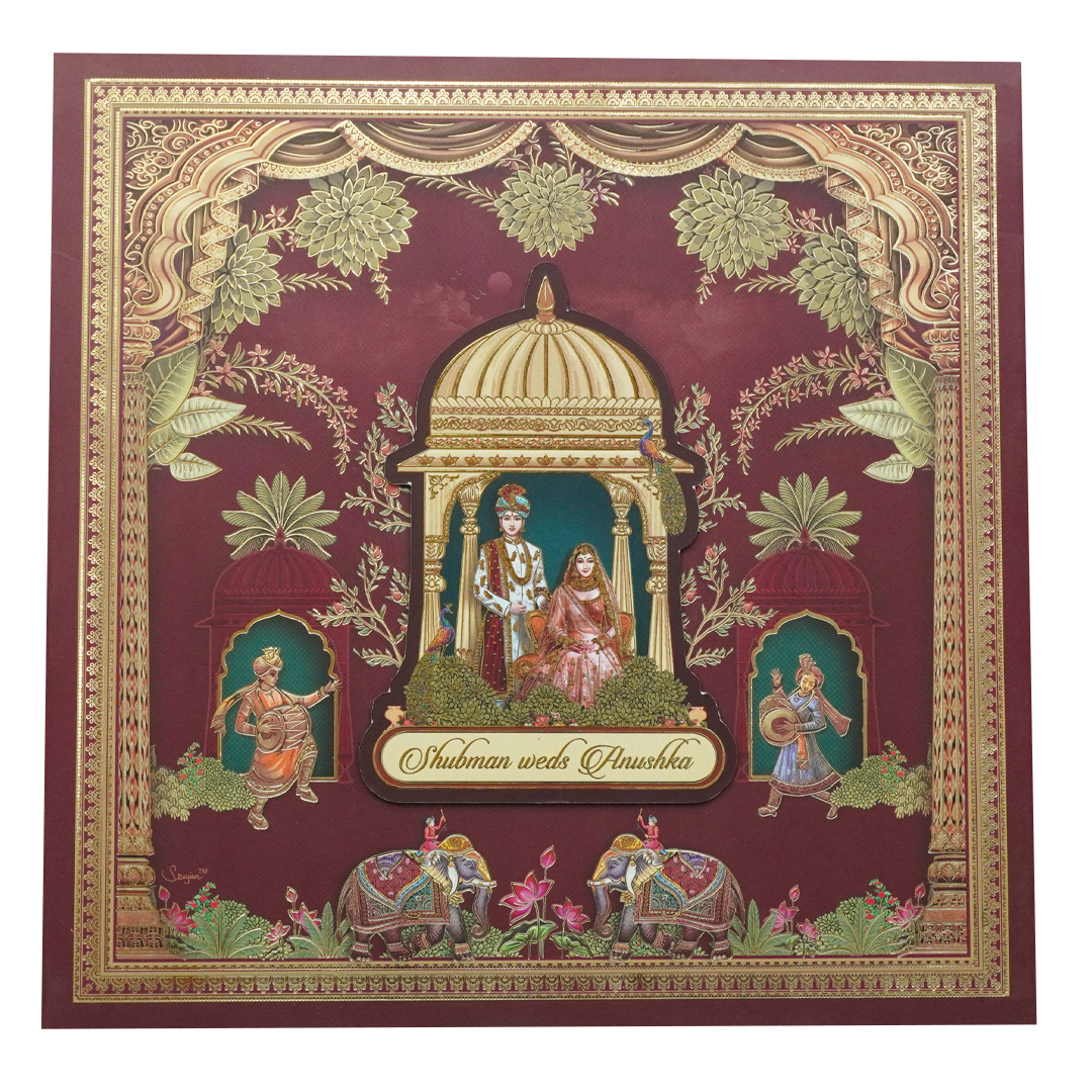 Royal Maroon Floral Padded Wedding Card - KRB08870