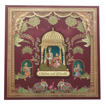 Royal Maroon Floral Padded Wedding Card - KRB08870