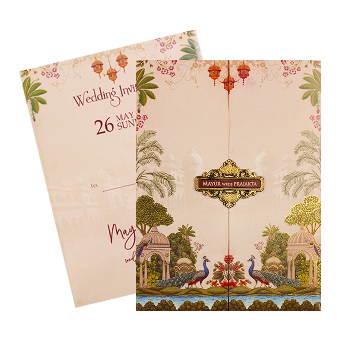 Pink Peacock Garden Wedding Card-KSH73060