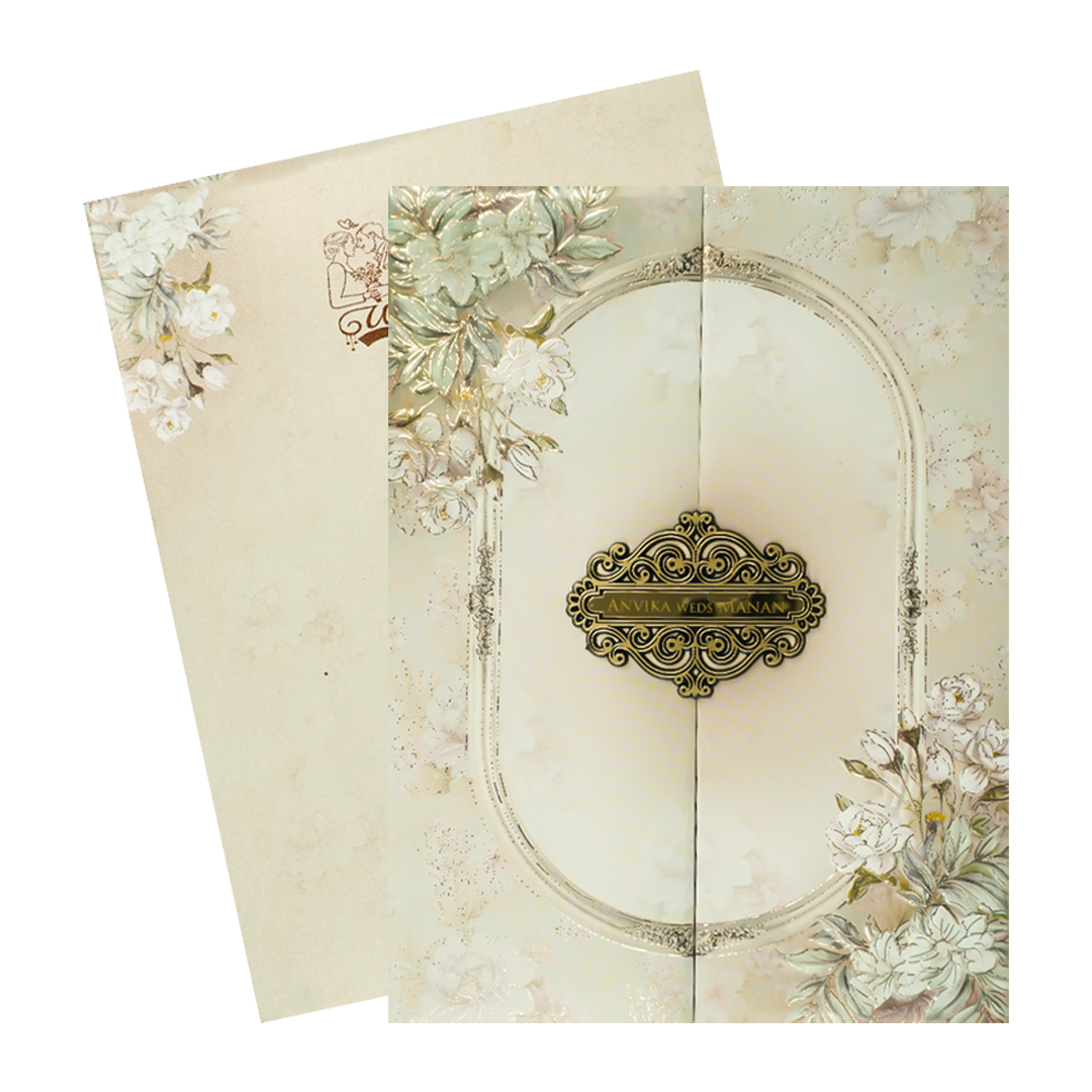 Beige Floral Padded Wedding Card-KSSC2082