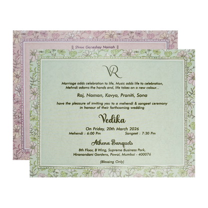 Grey Pastel Floral Border Padded Wedding Card-KSI64160