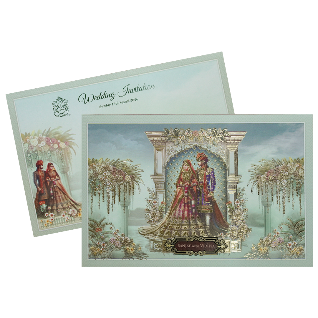 Green Royal Couple Floral Padded Wedding Card-KSH72030