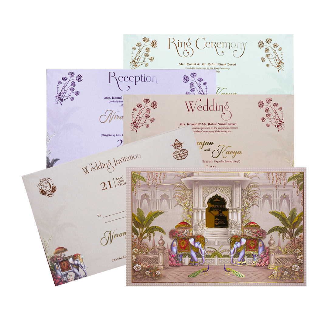 Palace Elephant Peacock Padded Wedding Card-KSH72230