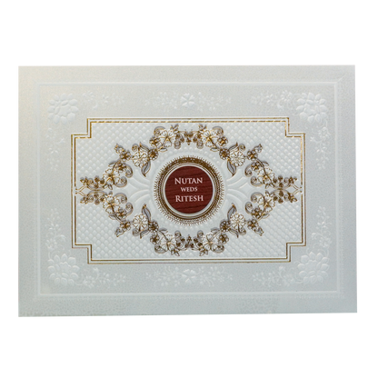 White Floral Embossed Medallion Wedding Card - KRE28610