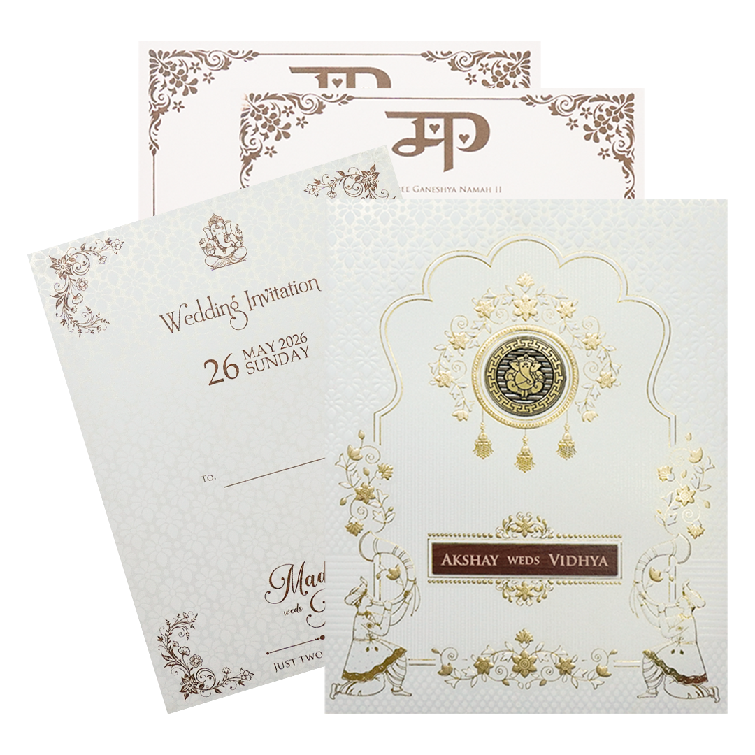 White Ganesha Gold Floral Wedding Card-KSH73620