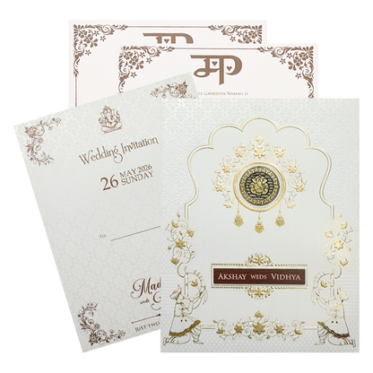 White Ganesha Gold Floral Wedding Card-KSH73620