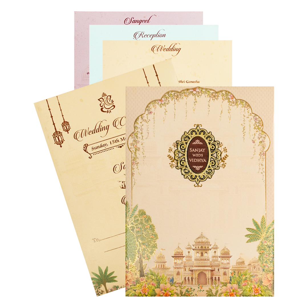 Cream Palace Floral Padded Wedding Card-KSH73080