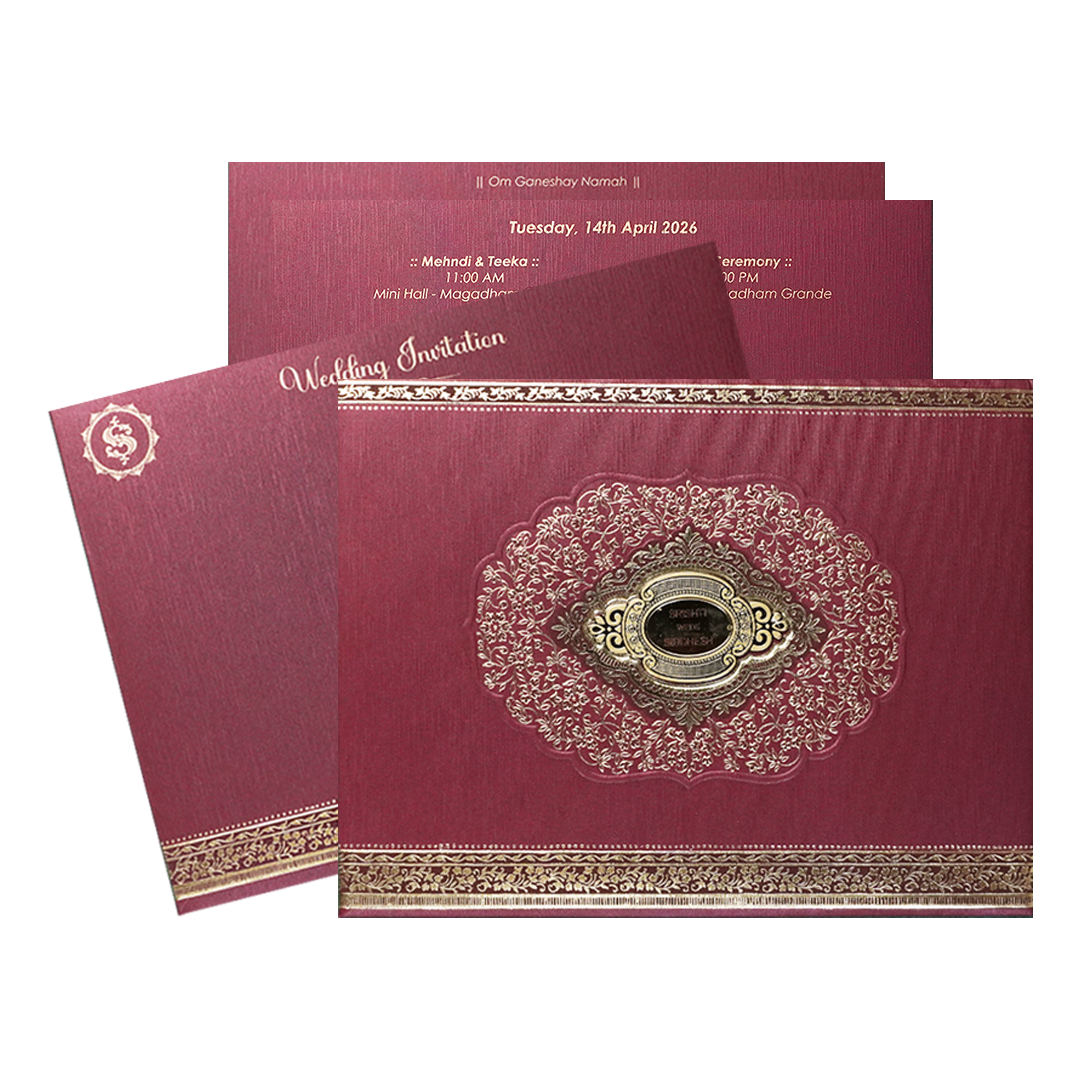 Maroon Baroque Floral Wedding Invitation Card-KSI64370
