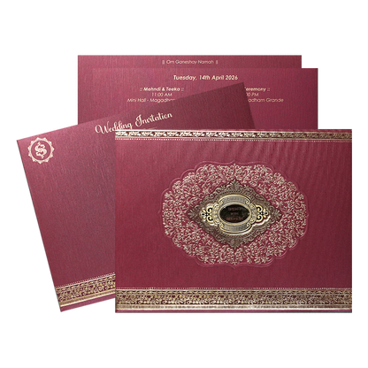 Maroon Baroque Floral Wedding Invitation Card-KSI64370