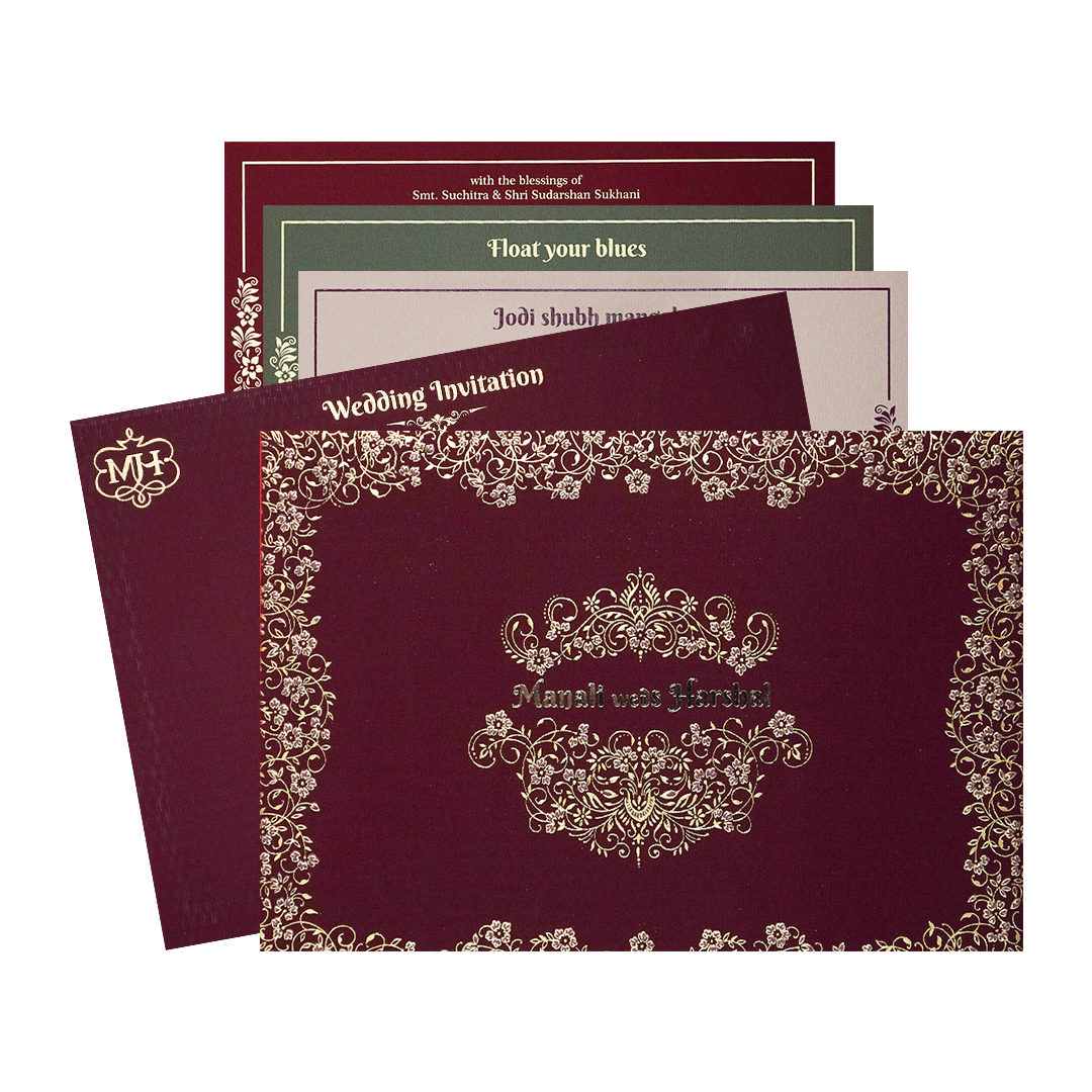 Maroon Gold Floral Padded Wedding Card-KSI64330