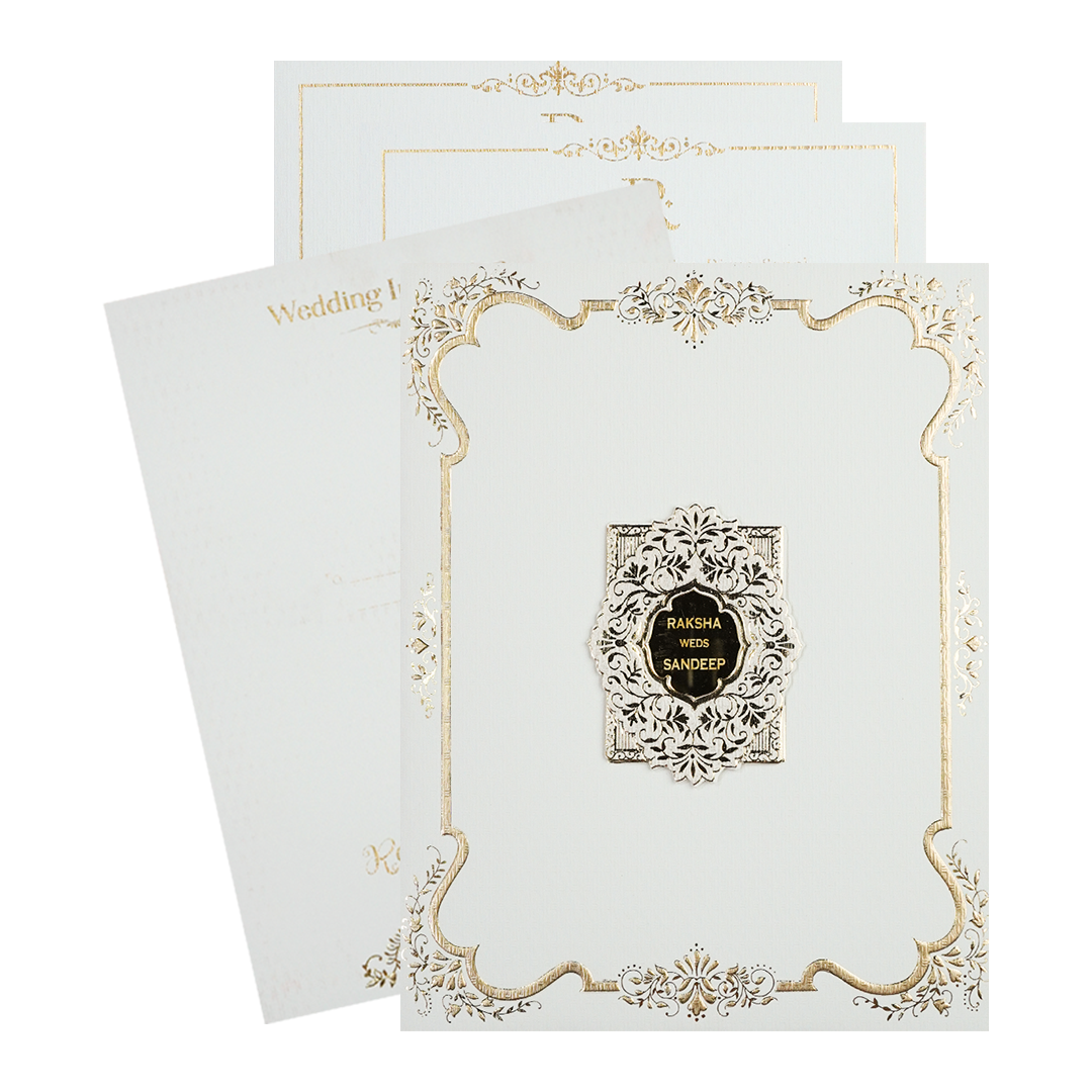 White Gold Floral Border Padded Wedding Card-KSI64350