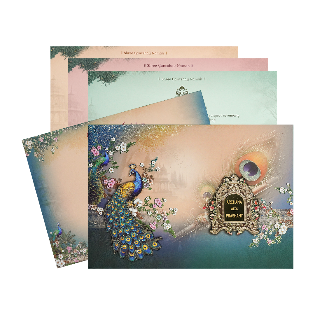 Cream Peacock Padded Wedding Card-KSI64180