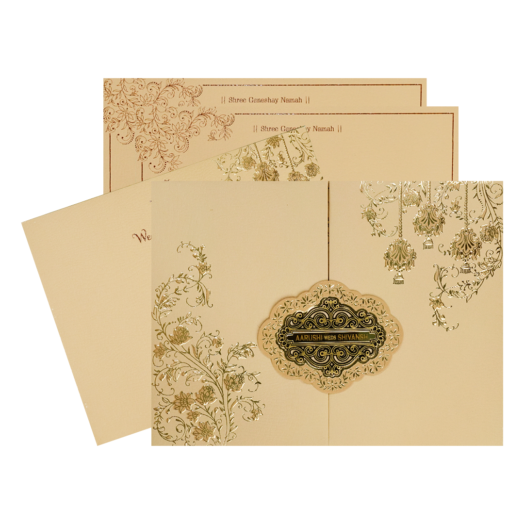 Sandal Gold Floral Padded Wedding Card-KSI64090
