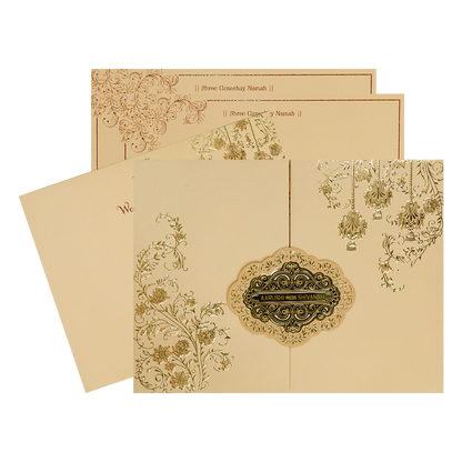 Sandal Gold Floral Padded Wedding Card-KSI64090