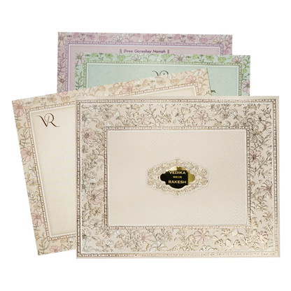 Grey Pastel Floral Border Padded Wedding Card-KSI64160