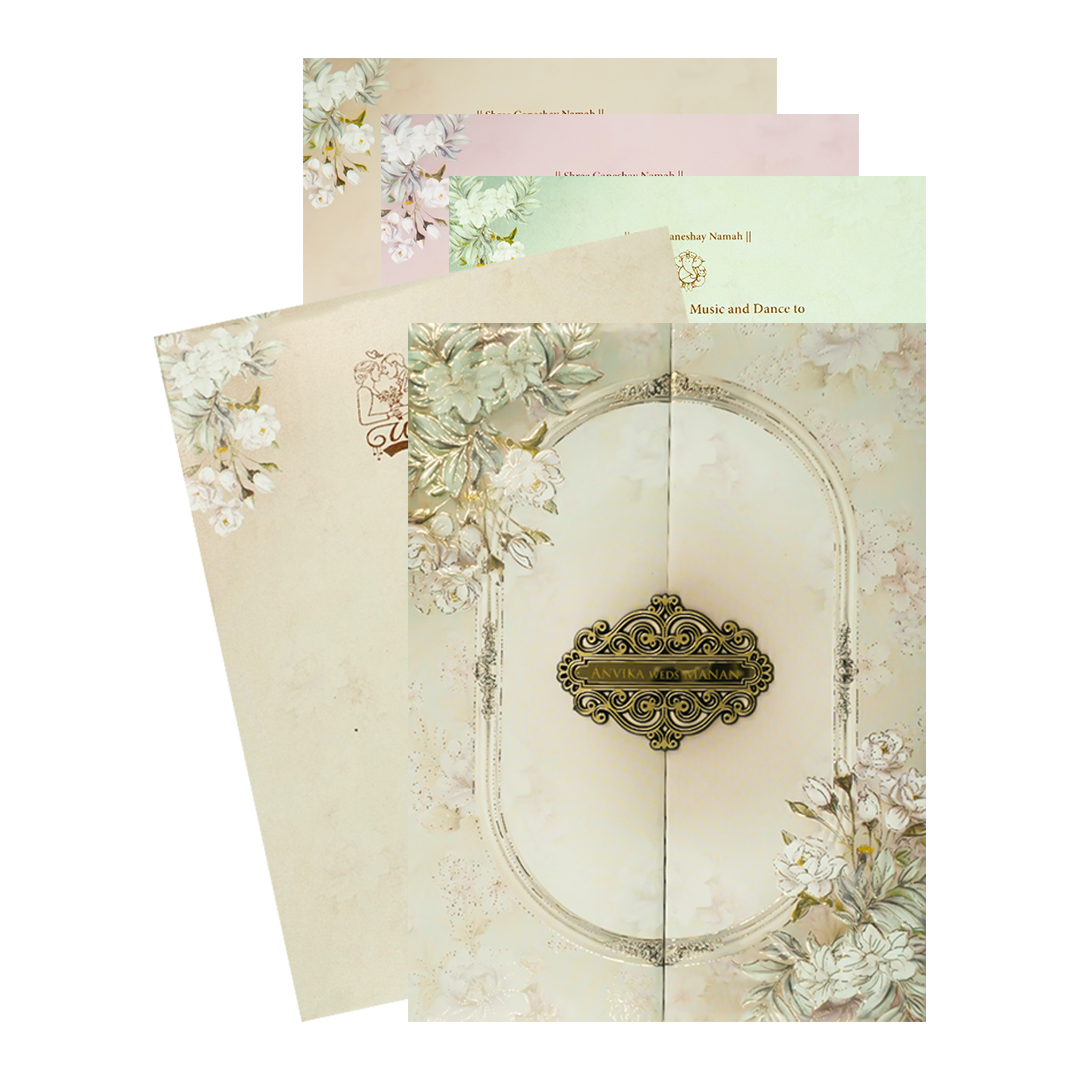 Beige Floral Padded Wedding Card-KSSC2082