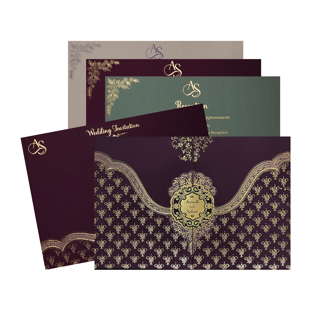 Purple Gold Floral Padded Wedding Card-KSI64360