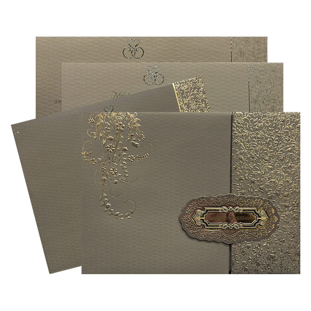 Grey Gold Floral Padded Wedding Card-KSI64430