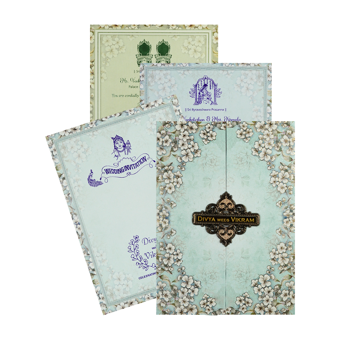Blue Floral Gatefold Padded Wedding Card-KNPO9533G