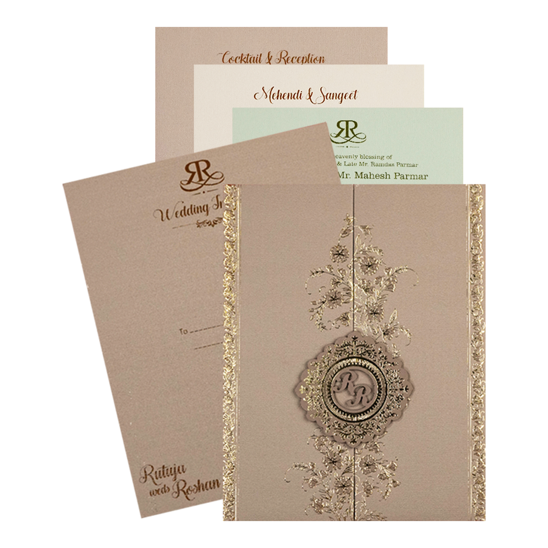 Cream Gold Floral Monogram Padded Wedding Card-KSI64400