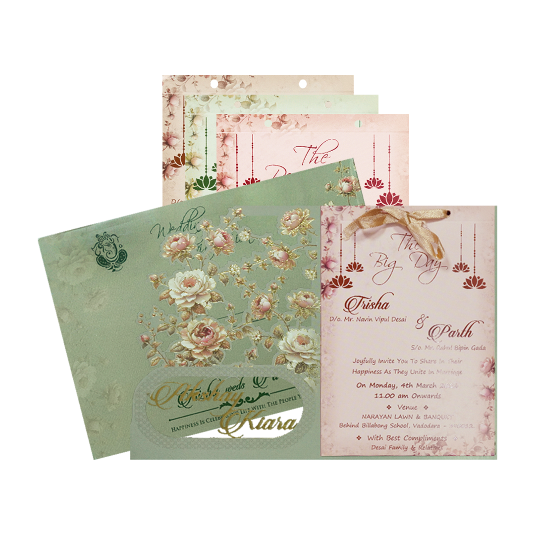 Green Floral Cutwork Wedding Card-KSH72880
