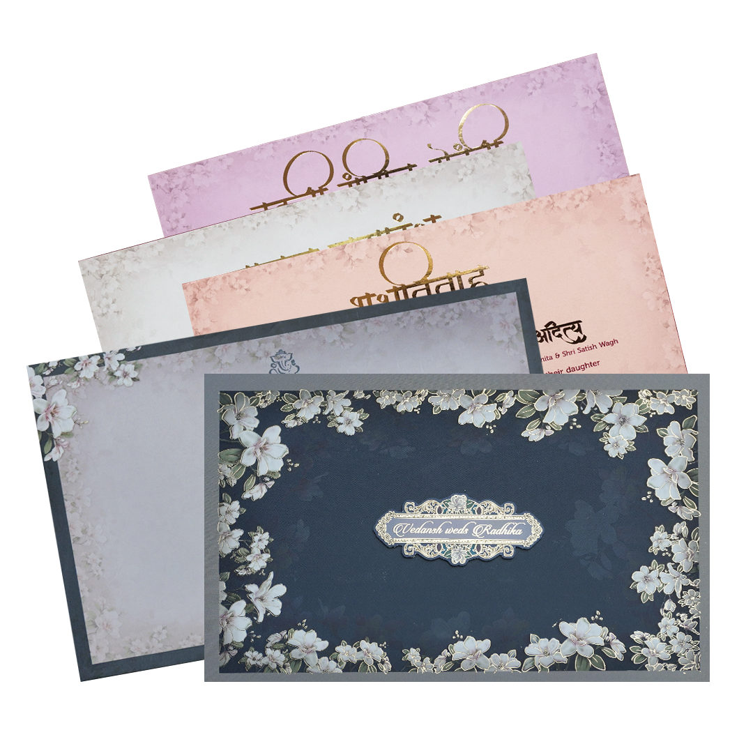 Blue Floral Padded Wedding Card-KSH72160