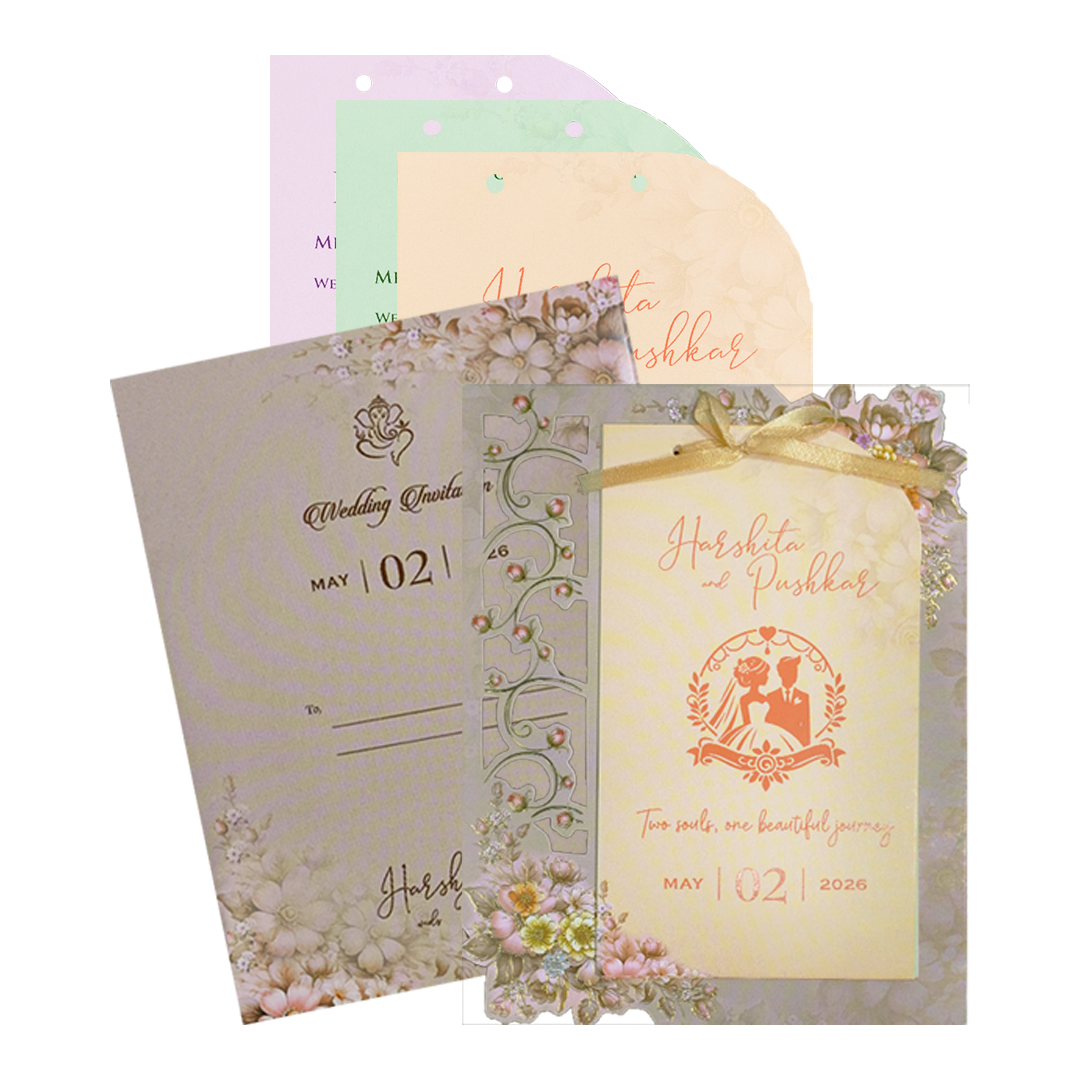 Check out Grey Floral Bow Laser Cut Wedding Card at best price. ?WhatsApp Support ?Express Delivery