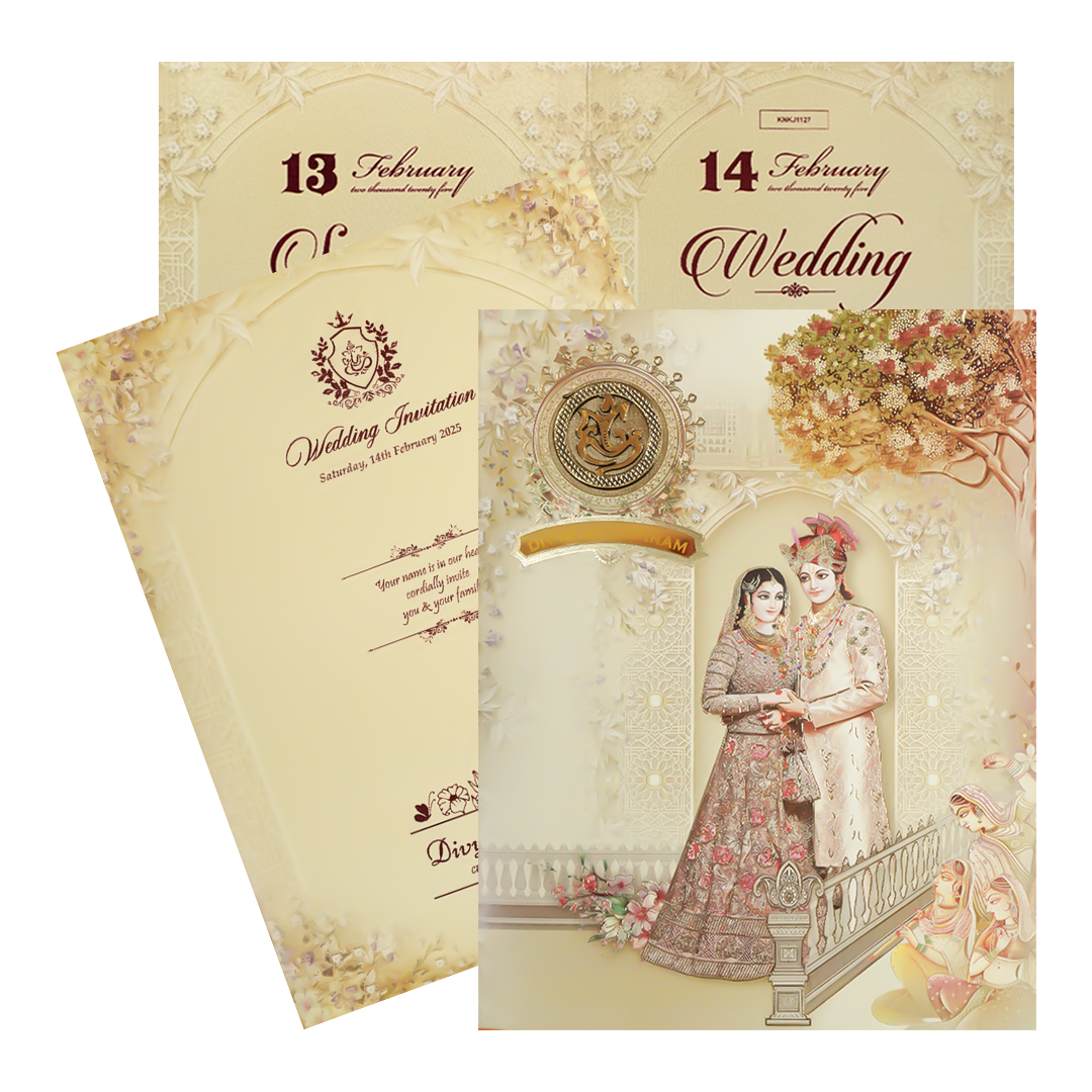 Royal Yellow Ganesha Couple Wedding Card-KNKJ1127