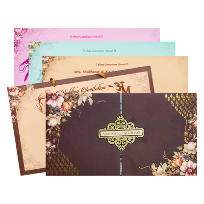 Brown Floral Padded Wedding Card-KSH72270
