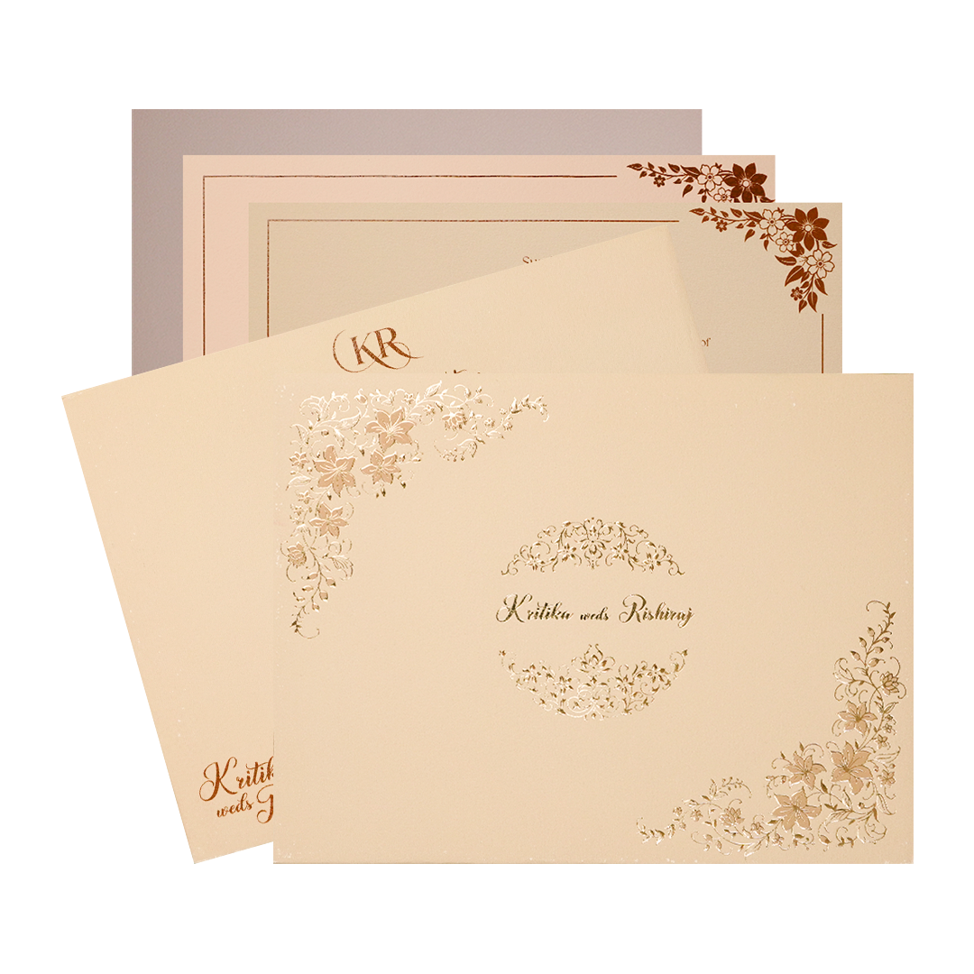 Cream Gold Floral Padded Wedding Card-KSI64540