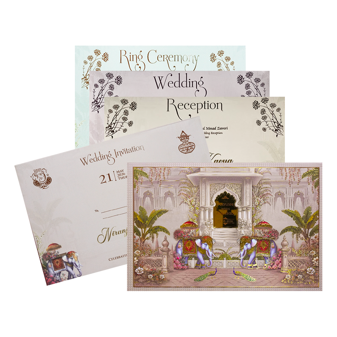 Palace Elephant Peacock Padded Wedding Card-KSH72230
