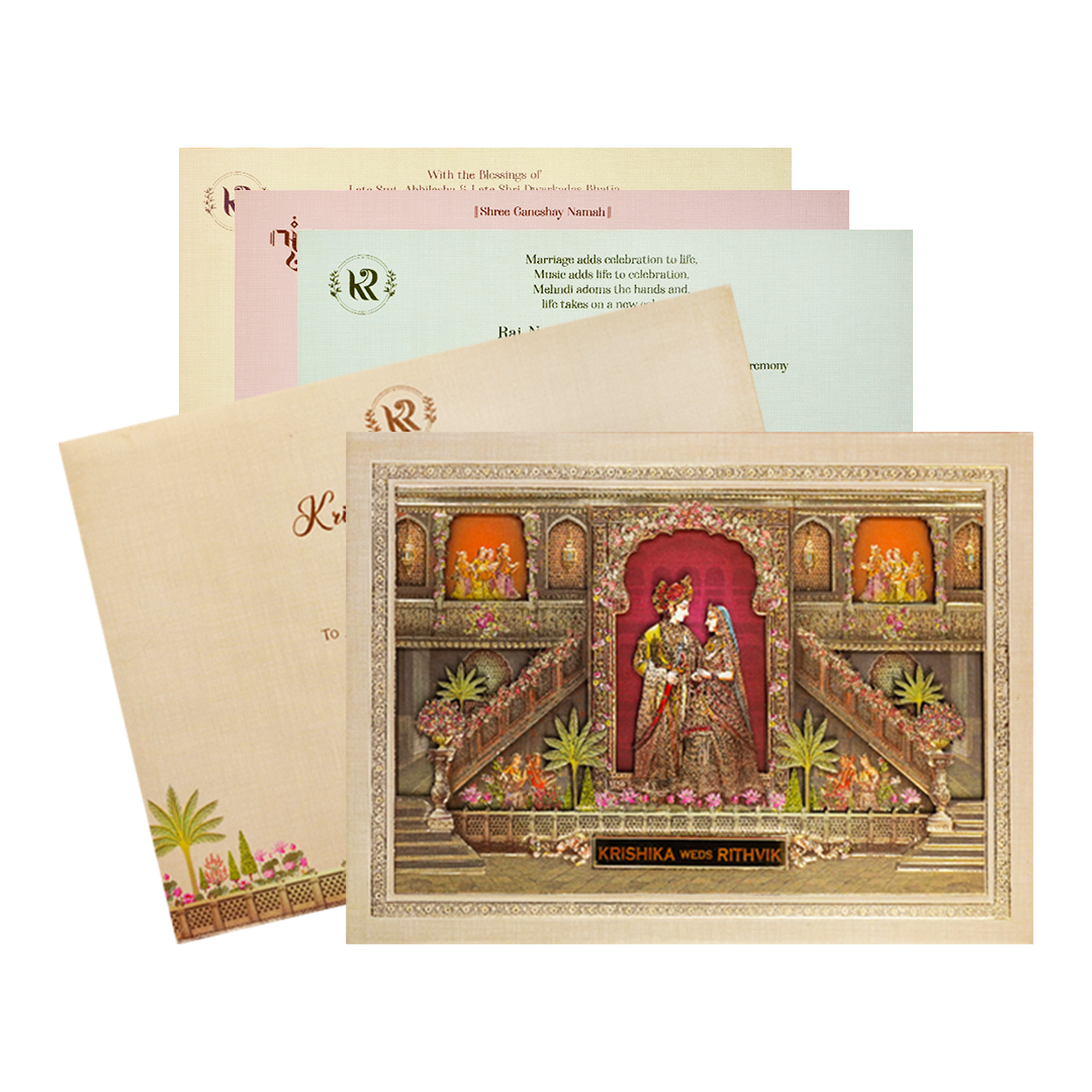 Cream Palace Theme Padded Wedding Card-KSI64010