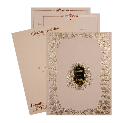 Cream Gold Floral Embossed Wedding Card-KSI64040