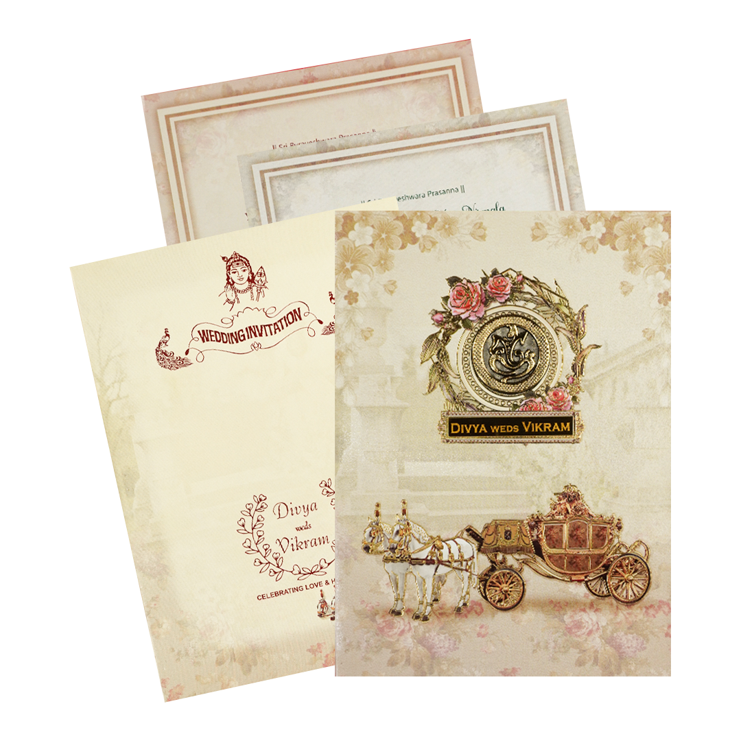 Beige Ganesha Floral Padded Wedding Card-KNPO9535C