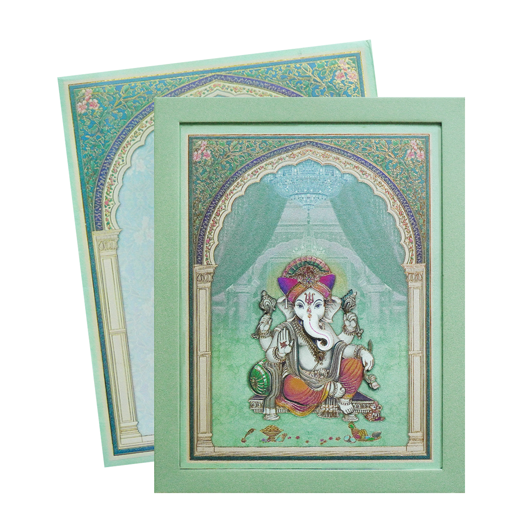 Mint Green Ganesha Padded Wedding Invitation Card-KPR24740
