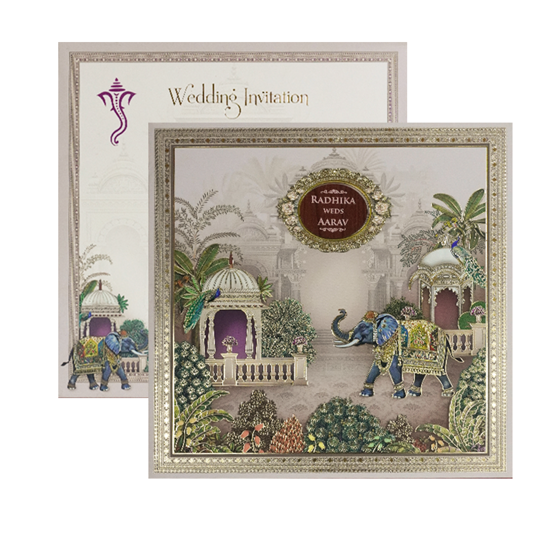 Cream Elephant Palace Padded Wedding Card-KSH72620