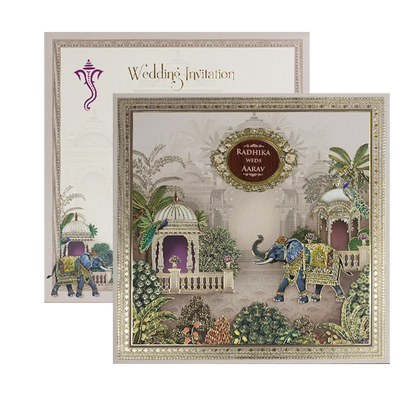 Cream Elephant Palace Padded Wedding Card-KSH72620