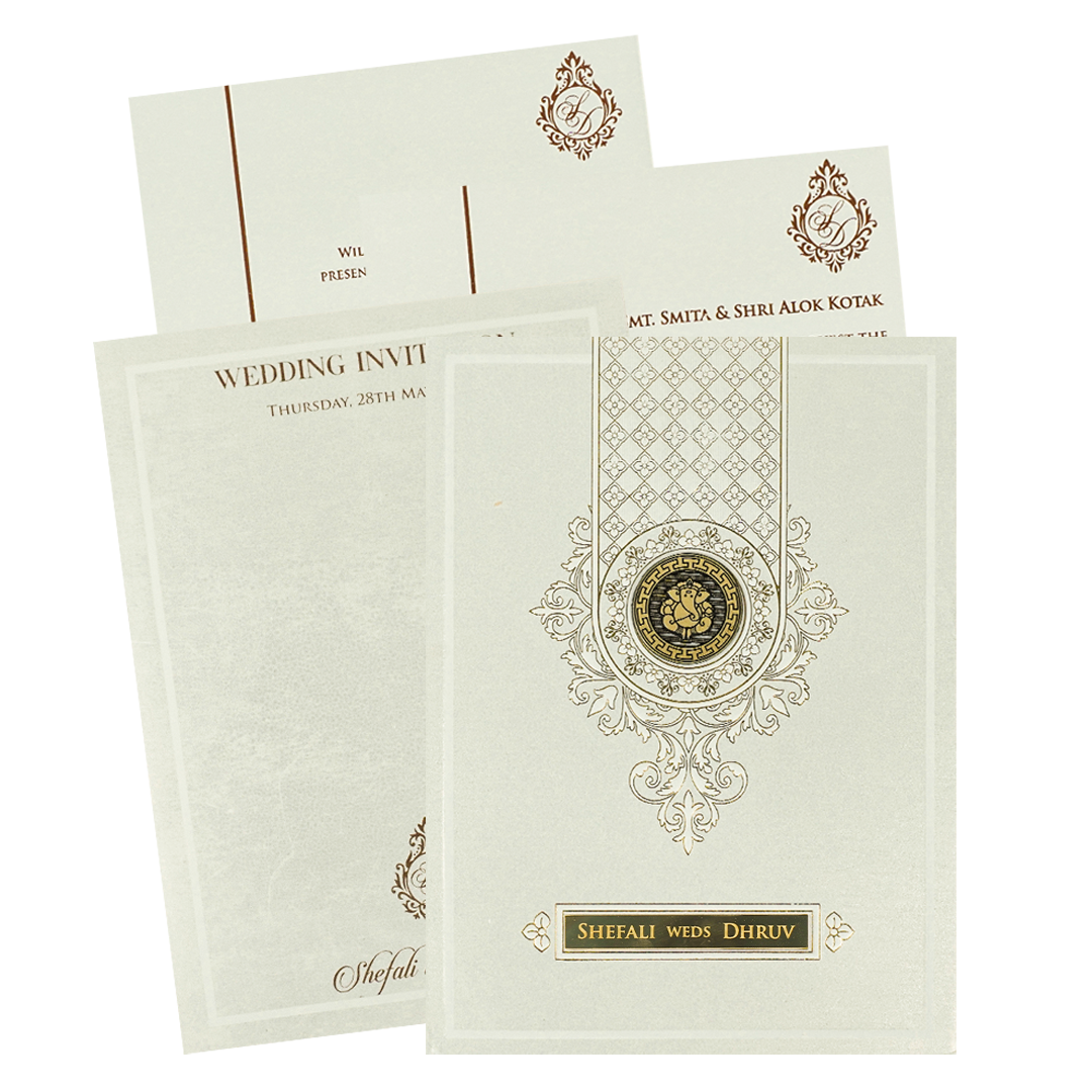 White Ganesha Geometric Padded Wedding Card-KRE28180