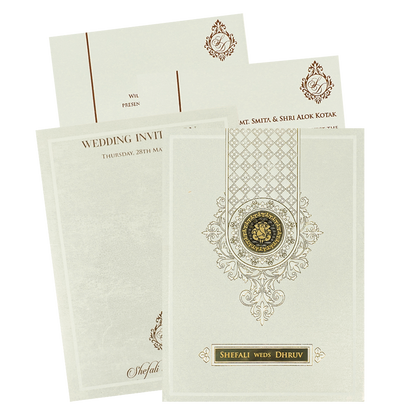 White Ganesha Geometric Padded Wedding Card-KRE28180