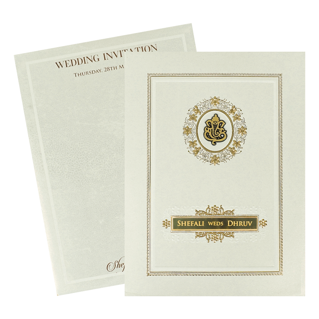White Ganesha Floral Padded Wedding card-KRE28210