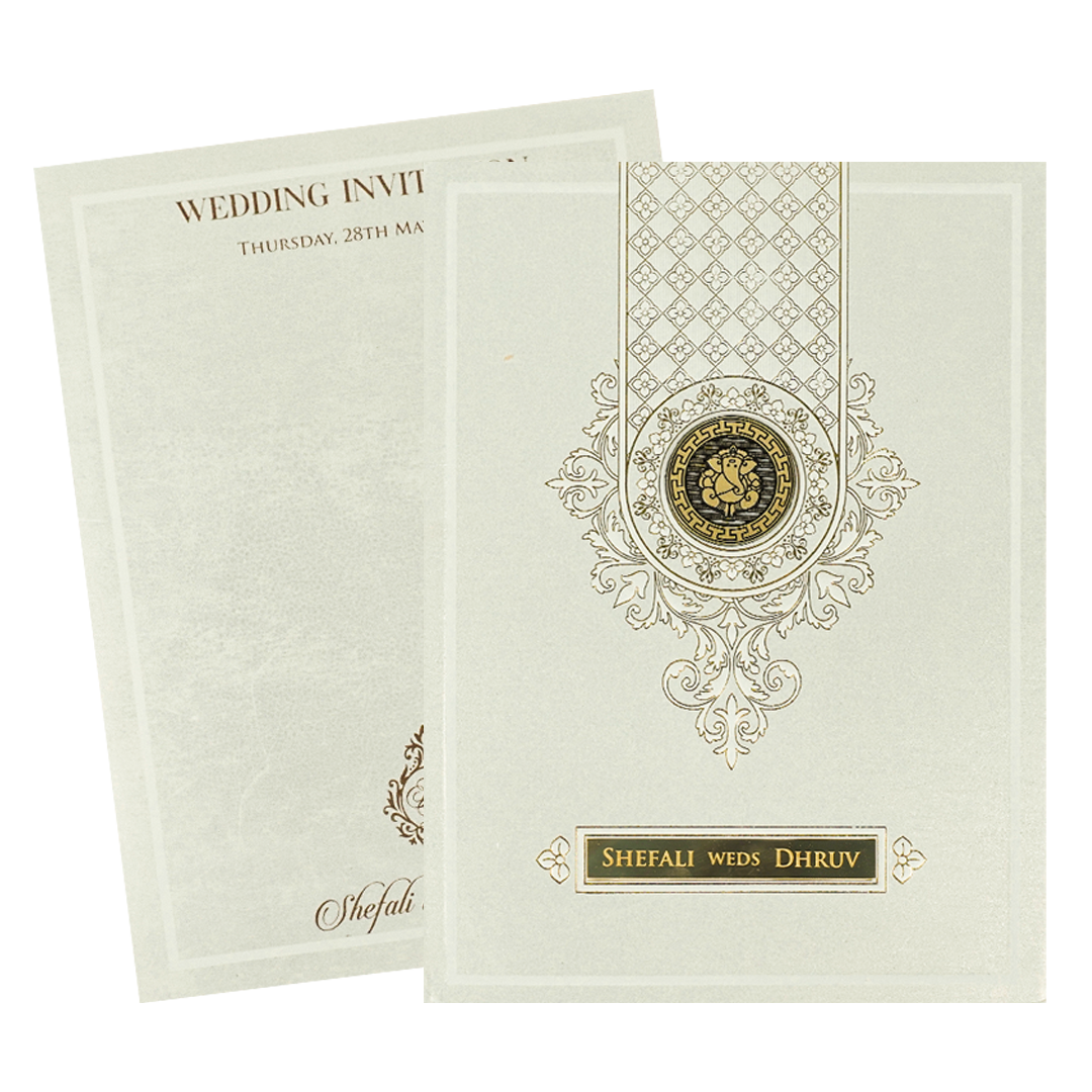 White Ganesha Geometric Padded Wedding Card-KRE28180